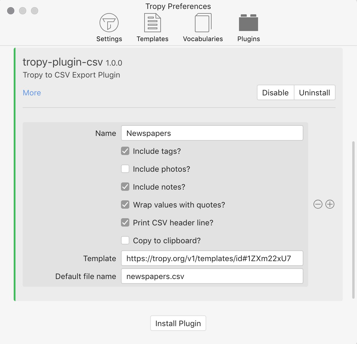 screenshot of CSV plugin window