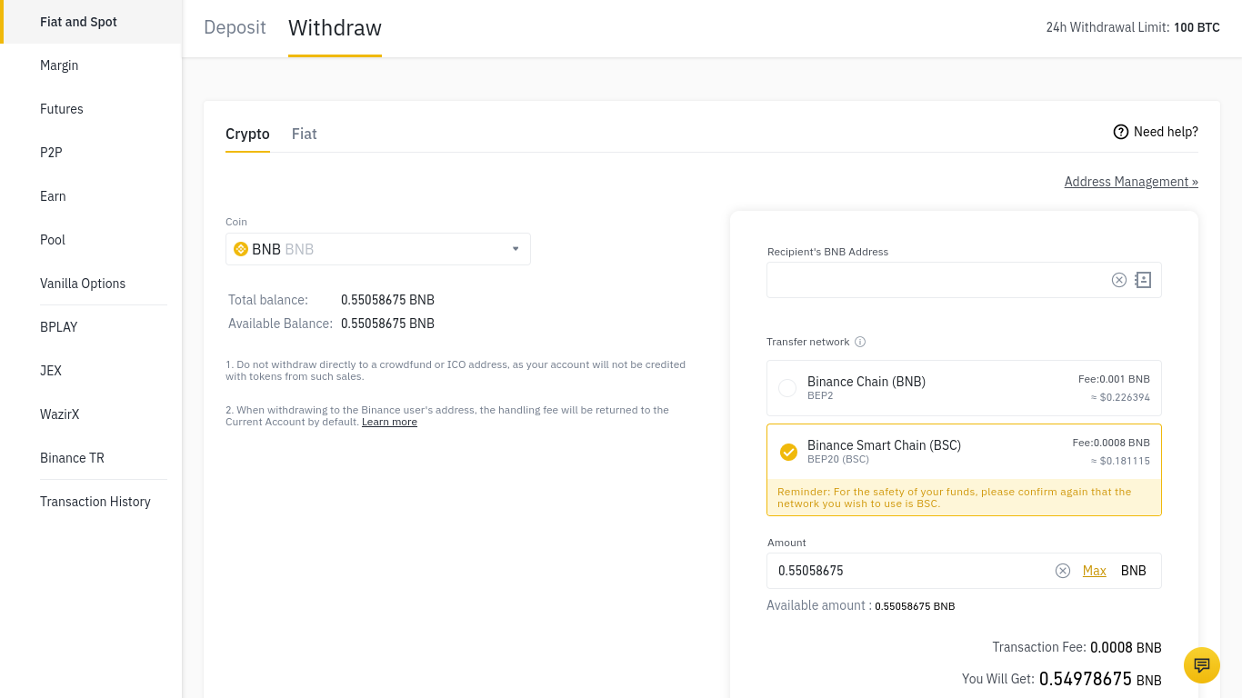 How to send funds from Binance to Metamask - docs.ballena.io